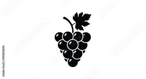 A simple black silhouette depicts a bunch of grapes with a single leaf offering a minimalist botanical illustration