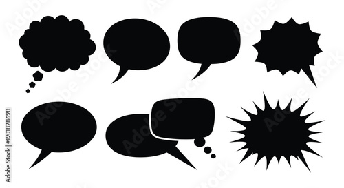 Collection of various black speech bubbles and thought balloons