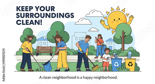 People cleaning neighborhood park with brooms and trash bags under sunny sky
