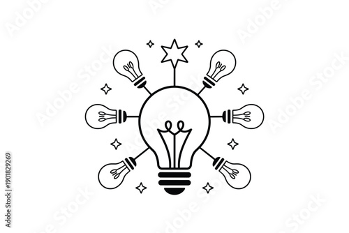 A minimalist vector graphic of a lightbulb with smaller bulbs and stars surrounding it, symbolizing ideas and inspiration.