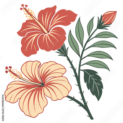 Vibrant tropical flowers with orange and yellow petals and green leaves Vector
