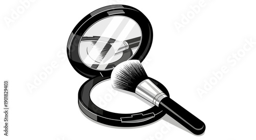 A black compact powder case with an open lid revealing a white powder and a makeup brush resting on the edge.