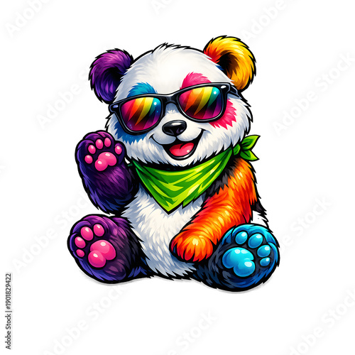 A playful panda wearing trendy sunglasses and a colorful scarf in a cheerful pose