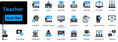 Teacher solid icon set contain lesson, online class, class, school, teaching, mentor, professor, student, education, books, instruct, knowledge and pedagogy
