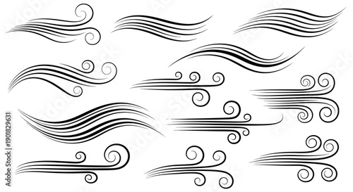 A collection of stylized illustrations depicting the dynamic movement of wind and air currents with swirling patterns.
