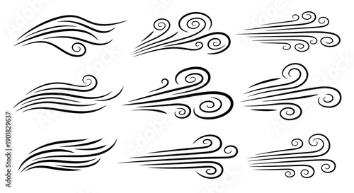 A collection of nine stylized illustrations depicting the movement and force of wind, rendered in black ink on a white background.