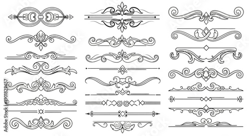 A collection of ornate decorative borders and dividers with intricate scrollwork and symmetrical designs, presented in a black and white line art style.