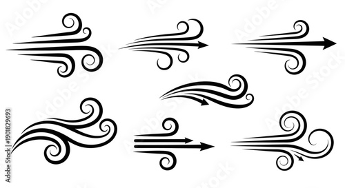 A collection of seven stylized black wind or air flow graphic elements with swirling ends, presented on a white background.