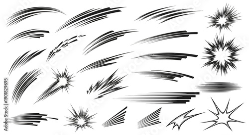 Collection of dynamic speed lines and explosion effects, perfect for comic books and action scenes.