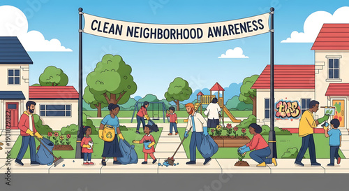 Community members cleaning neighborhood with trash bags and brooms under clean neighborhood awareness banner