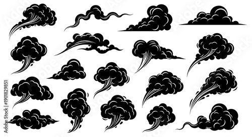 Collection of various black smoke and dust cloud illustrations with dynamic swirling and wispy effects.