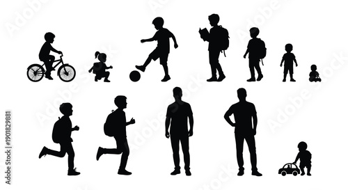 Silhouettes of people engaged in various outdoor activities and poses