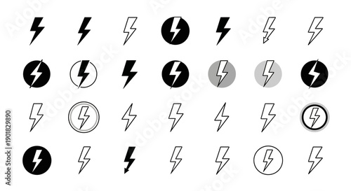 A collection of diverse lightning bolt icons in various styles and formats, including solid, outlined, and circular designs.