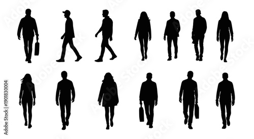 A collection of diverse silhouette figures of men and women walking in various poses, presented against a white background.