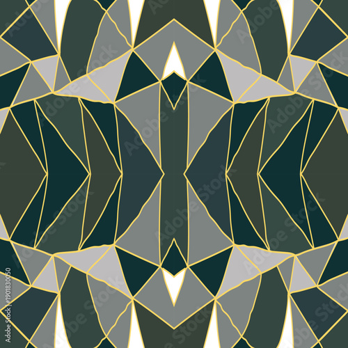 Symmetrical Art Deco pattern of interlocking triangles and polygons in teal and gray green shades, edged with fine gold lines and white accents. Flat, modern, geometric design with a sleek