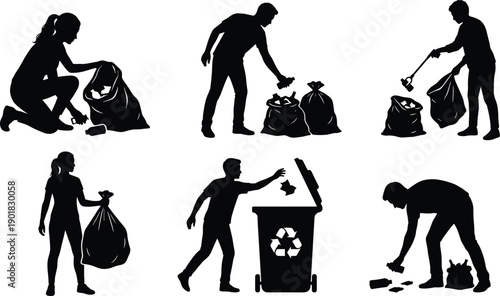 Multiple black silhouettes of individuals actively participating in cleaning up litter and disposing of waste in bins