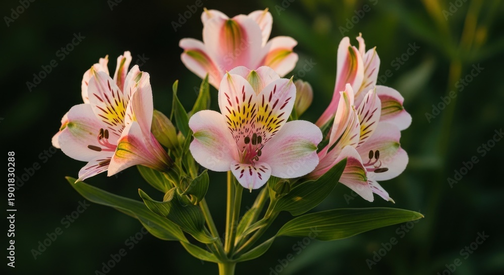 Fototapeta premium Delicate Pink Alstroemeria Flowers Blooming in Soft Light Against Dark Background - Romantic Floral Design Element