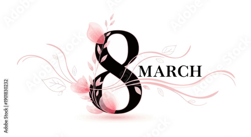 A decorative graphic celebrating International Women's Day with the text "8 MARCH" surrounded by elegant pink floral and swirling designs.