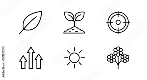 Line icons representing nature, growth, goals, progress, sun, and berries on a white background.
