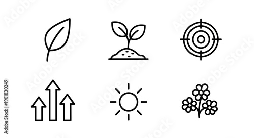 A collection of line icons representing nature, growth, goals, and environmental concepts.