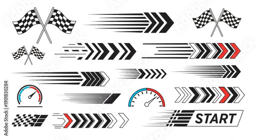 A comprehensive collection of racing and speed graphic elements including checkered flags, motion blur lines, arrows, and speedometers for design.