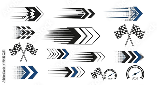 A collection of dynamic racing-themed graphic elements including arrows, checkered flags, and speedometers.