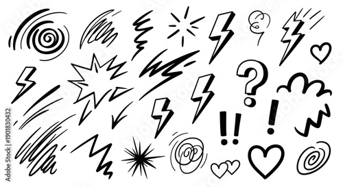 Collection of hand-drawn doodle elements including lightning bolts, swirls, stars, hearts, and exclamation marks, perfect for graphic design.