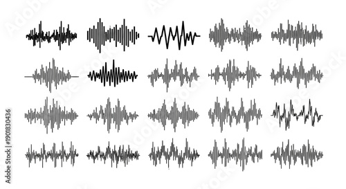 A collection of twenty different grayscale sound wave visualizations, illustrating various audio frequencies and amplitudes.