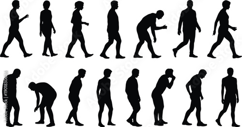 Silhouette compilation of male and female individuals engaged in diverse activities such as walking, bending, and thoughtful gestures