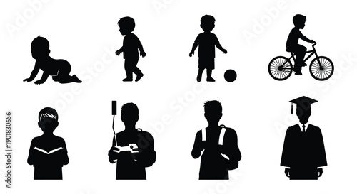 Silhouettes of people engaged in various outdoor activities and poses