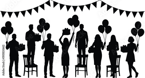 Silhouette of a celebratory gathering with people holding balloons and gift boxes under a festive flag banner on a white background