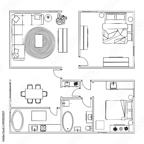Black and white floor plan of a house with living room, bedrooms, kitchen and bathrooms