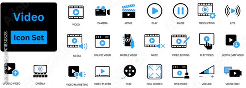 Video icon set contain camera, play, pause, media, online video, live, production, player, movie and cinema icons. Solid vector icon set. 