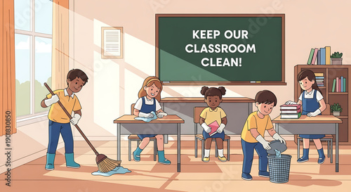 Children cleaning a classroom with a keep our classroom clean sign on the board