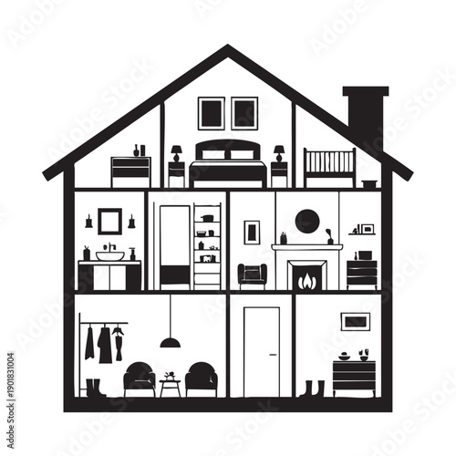 Black and white of a house interior with multiple rooms and furniture