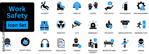 Work Safety solid icon set contain helmet, apron, risk management, first aid kit, ear protection, workplace security, CCTV, regulation, safety training, hazard and more.