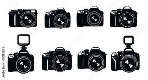 A collection of black dslr and mirrorless cameras arranged in a grid