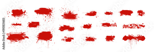 Red blood splatter stains. Bloody vector splashes. Empty horror text boxes. Set of grungy hand drawn spot textures. Lquid paint spatter brushstroke smears. Creepy brush stroke elements. Halloween bg