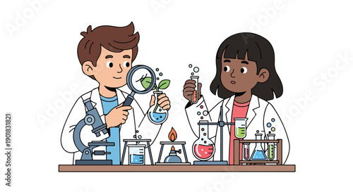 Vector illustration of two children in lab coats studying and experimenting with science equipment in a laboratory setting.