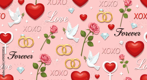 Valentines Day Heart Rose Dove Pattern.