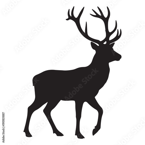 This high-contrast image displays a solid black silhouette of a large stag walking. The deer is depicted in profile against a plain white background, highlighting its form. Its head is held high, show