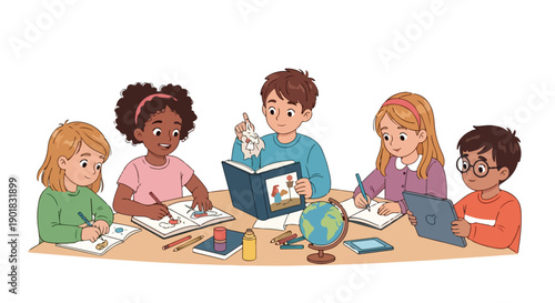 Vector illustration of children studying together at a table with books and a globe in a colorful and educational setting.