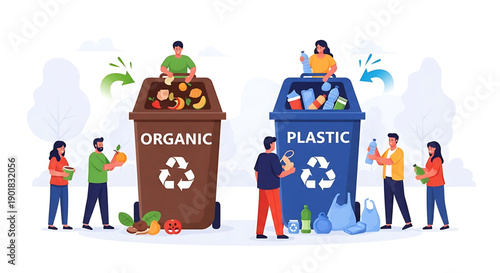People sorting organic and plastic waste into recycling bins for eco friendly living