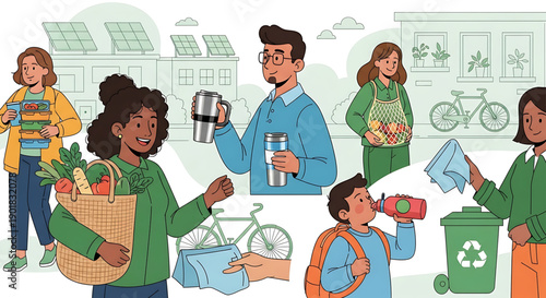 Eco friendly people commuting with reusable bags and water bottles in an urban setting with recycling