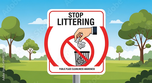 Stop littering sign in park with green trees and blue sky background