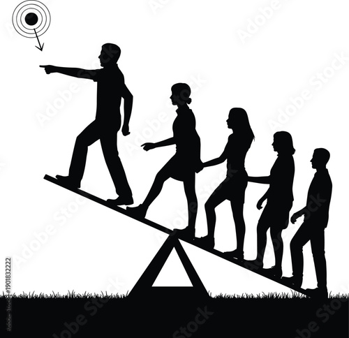 Silhouette of a leader pointing towards a target symbol with a group of followers on a seesaw symbolizing teamwork and shared goals in a conceptual