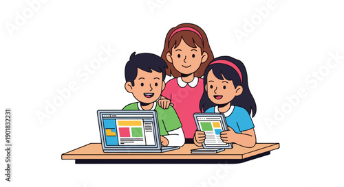 Vector illustration of a teacher and two children studying together with laptops in a colorful and educational setting.