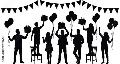 Silhouette of people celebrating with balloons and gift boxes under a festive banner of triangular flags against a white background