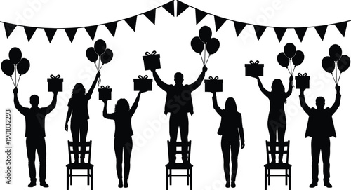 Silhouette of people standing on chairs holding balloons and gift boxes under a celebratory flag banner against a white background