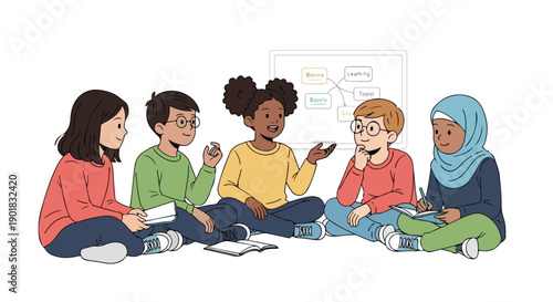 Vector illustration of children studying together in a circle on the floor with colorful clothes and diverse appearances.